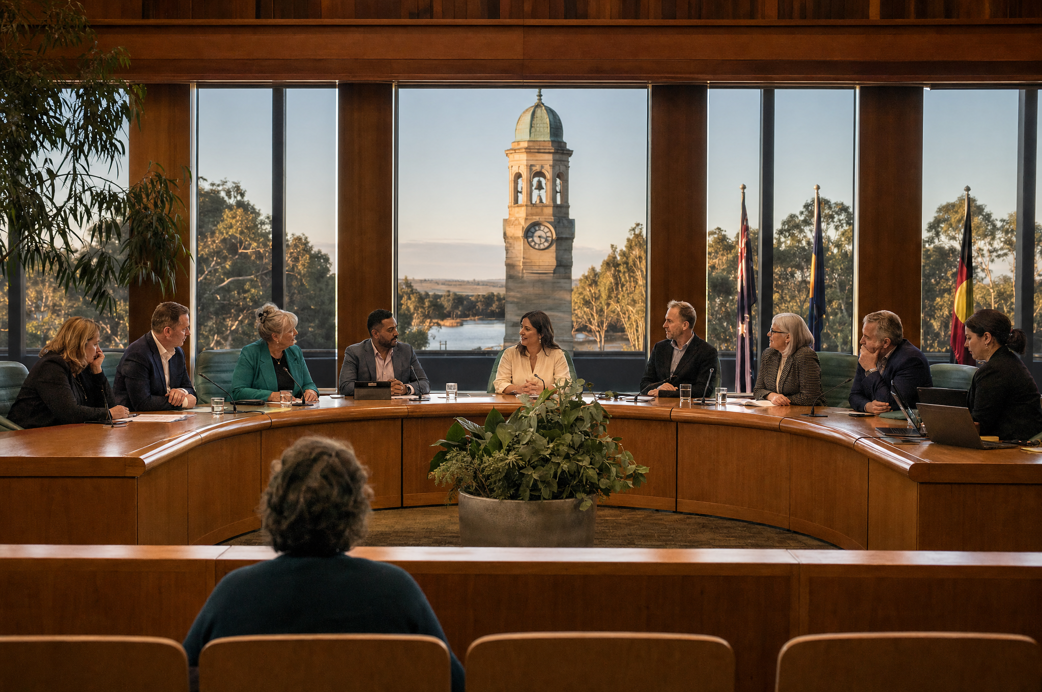 Council meeting in a warm regional chamber