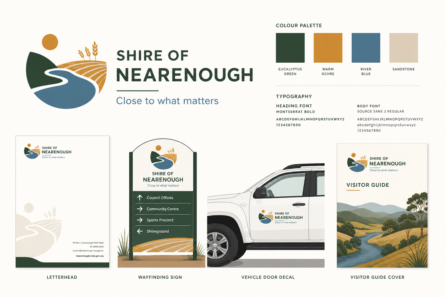 Shire of Nearenough brand palette and identity applications