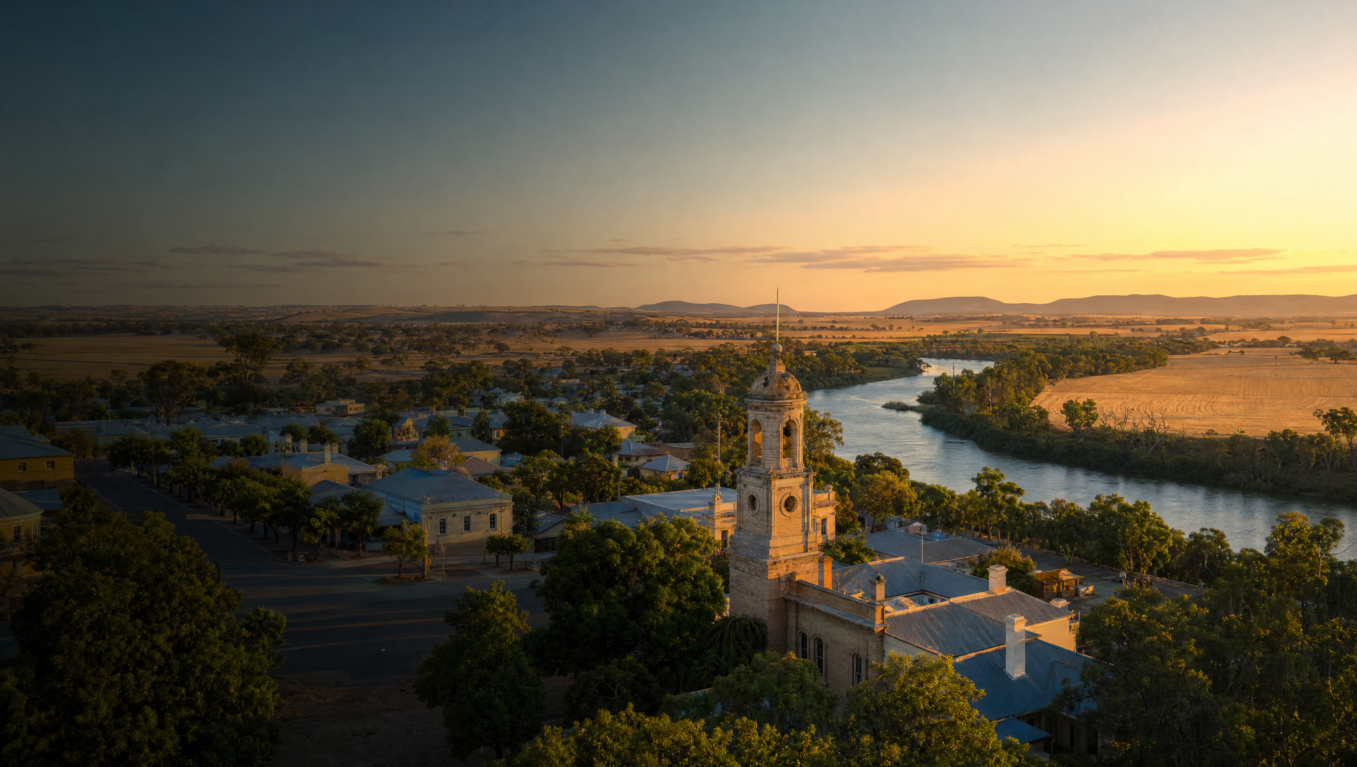 Golden light over Nearenough's bell tower, river and wheatbelt landscape