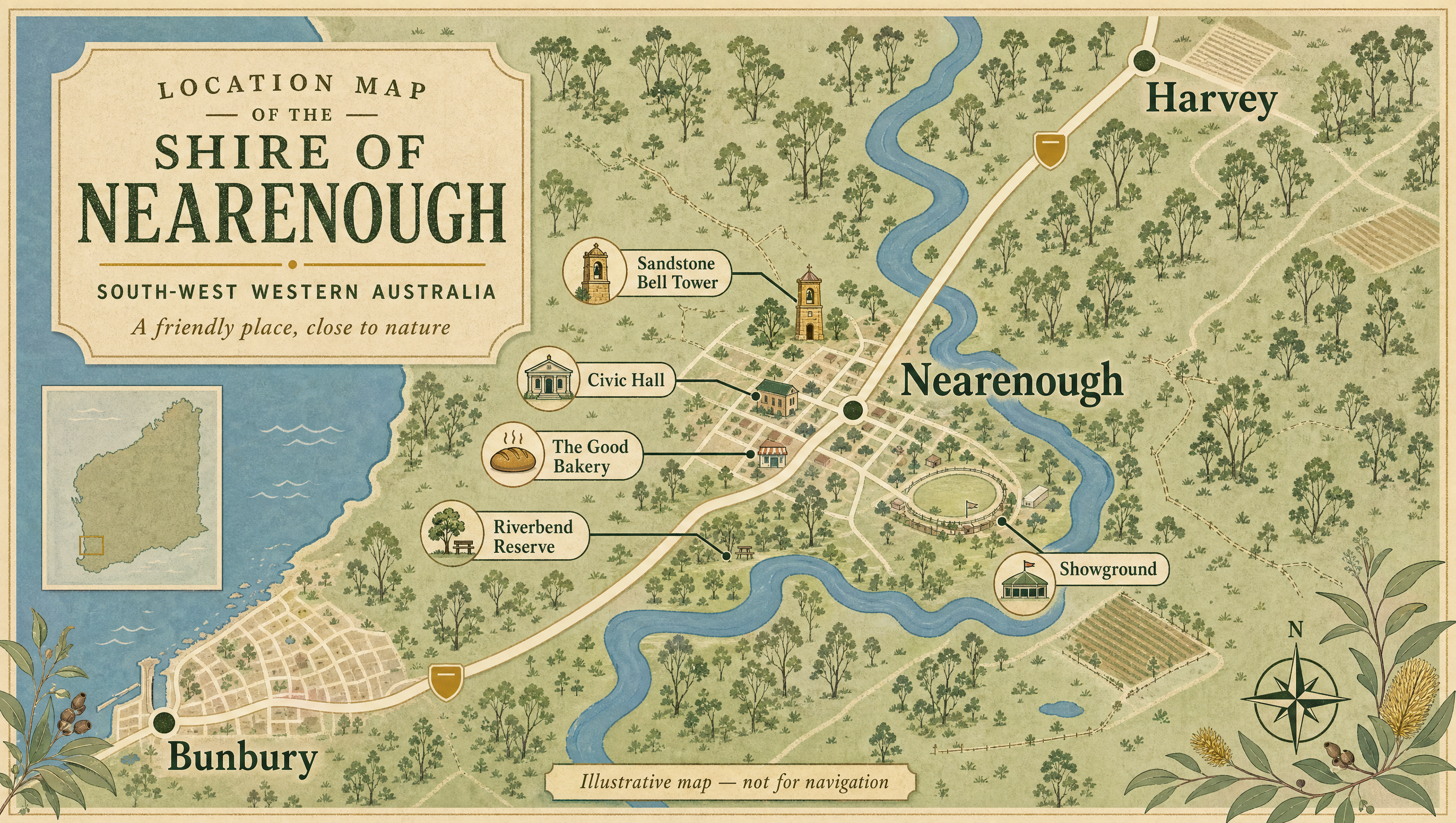 Illustrative map placing fictional Nearenough between Bunbury and Harvey, with local landmarks