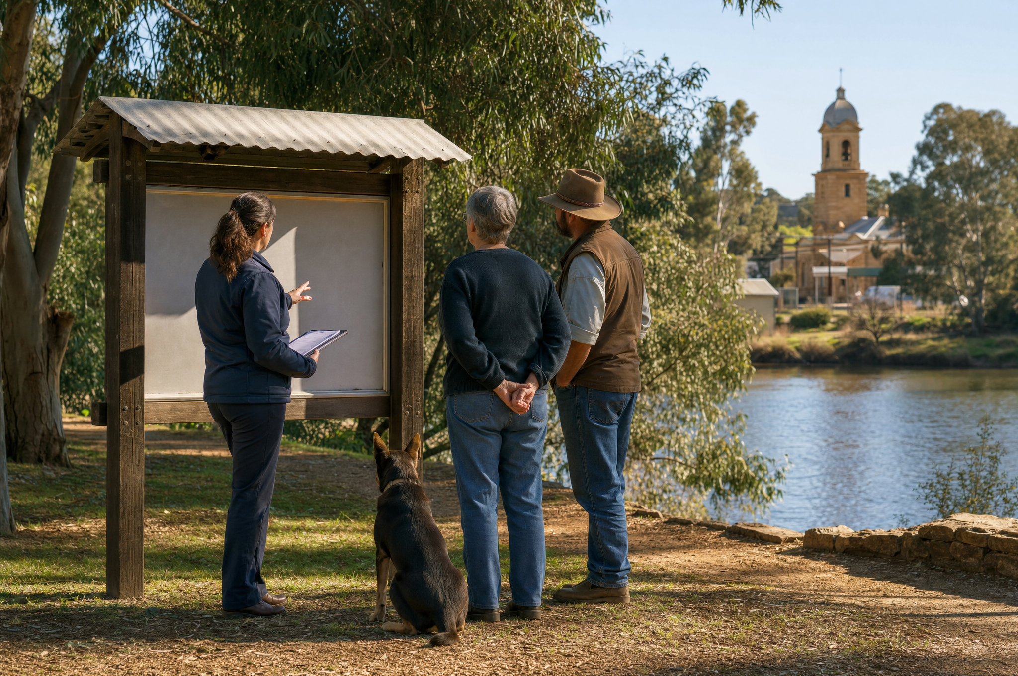 Residents and a community officer consulting a noticeboard at the river reserve